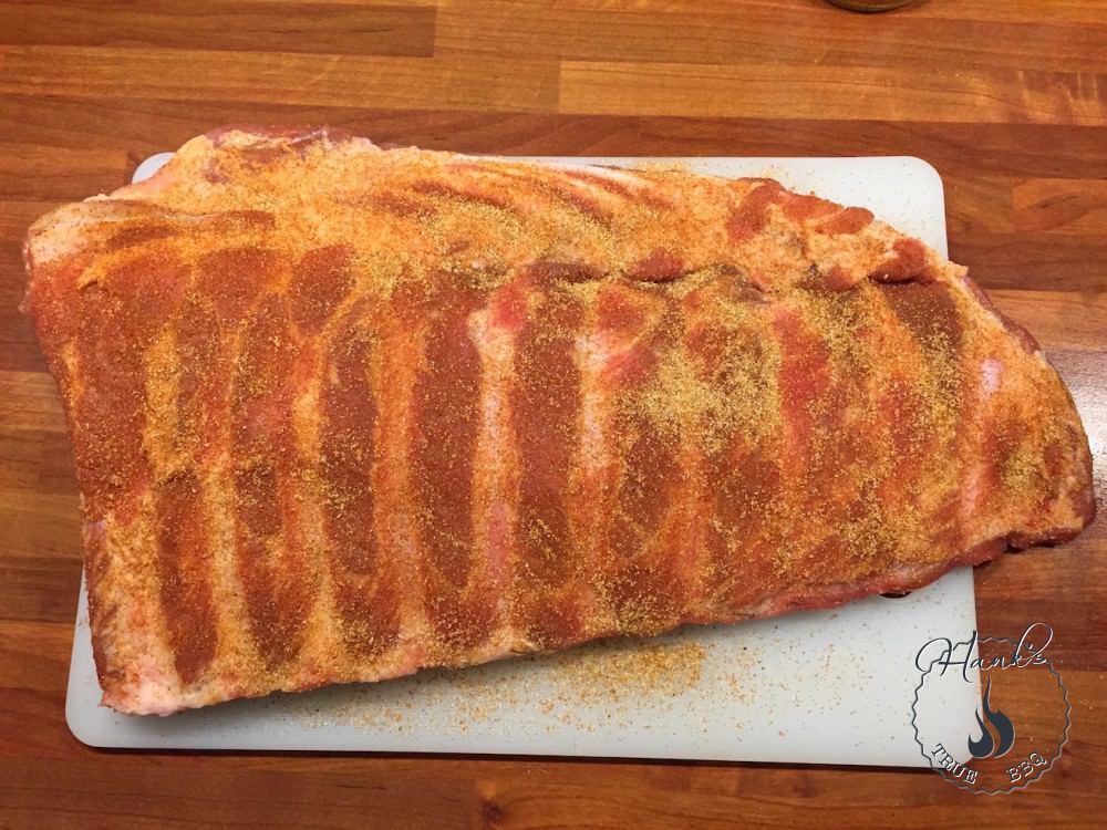 Ribs, dry brined, with rub applied